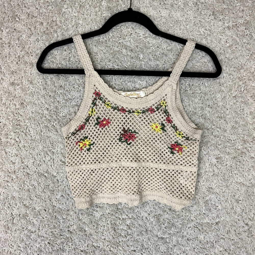 Rebellion Open Knit Tank Womens XS Ivory Cropped Boho Festival Hippie Casual